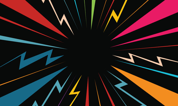 Vibrant multicolored lightning bolts radiating from center