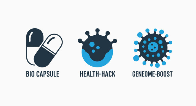 Bio capsule health hack genome boost icons representing medical biological scientific concepts with bacteria biotechnology pharmaceutical supplement medicine research genetics pathogen