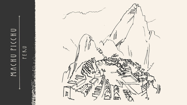 Machu Picchu Peru sketch postcard. Inca lost city in Andes mountains near Cusco. UNESCO world heritage site. Vintage hand drawn vector illustration, engraving line art, silhouette landscape, travel bg