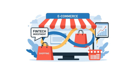 Naklejka premium E-commerce and Fintech Investment: Digital Shopping, Financial Technology, and Business Growth Concept