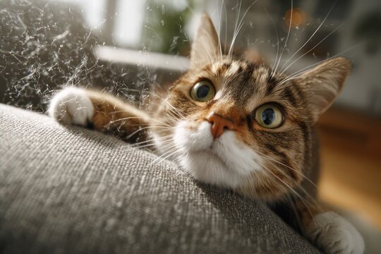 Pet cat damaging sofa with sharp claws