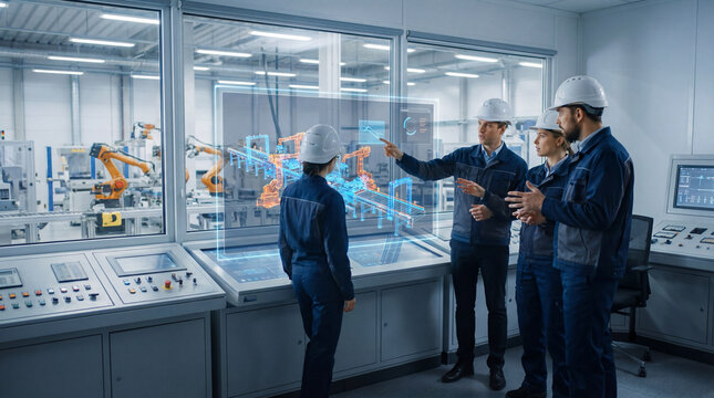 Automation specialists analyzing holographic 3D model of robotic assembly line in high-tech control room. Engineering team supervising manufacturing process with augmented reality interface.