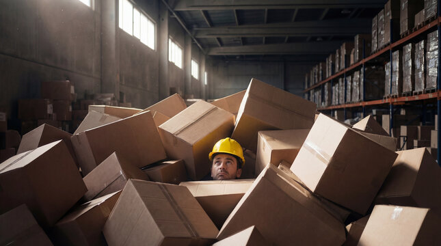Logistics employee looking up from under a heap of cardboard boxes. Overwhelmed staff member buried in packaging materials at a distribution center.