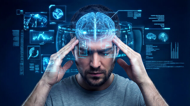 Neural interface visualizing brain activity of a mid-adult man concentrating with hands on temples. Advanced cognitive technology and data analysis.