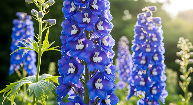 blue delphinium flowers in bloom on transparent background high quality professional detailed