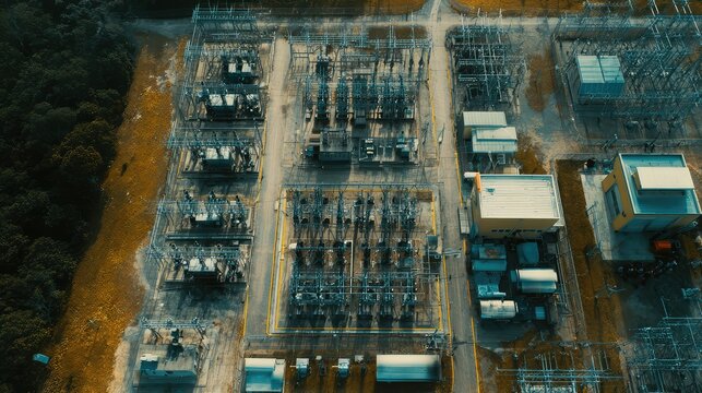 Aerial view of electrical power substation distributing energy