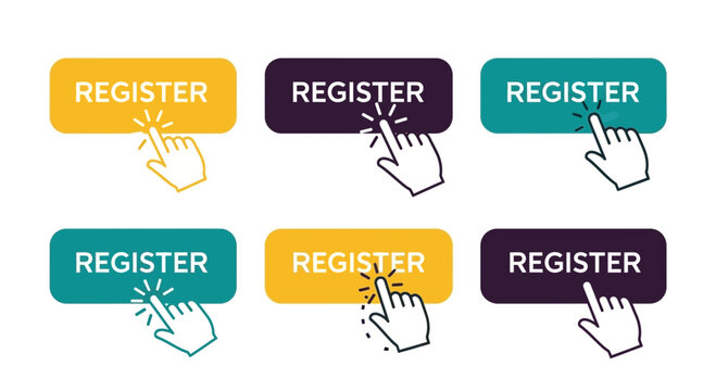 Multiple colorful register buttons with hand cursor