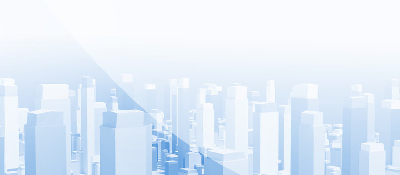 Abstract minimalist 3D city skyline in light blue and white with copy space