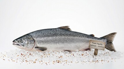 Fototapeta premium Whole Fresh Pacific Salmon Resting on a Bed of Ice with Price Tag Label, Isolated on White Background