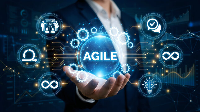 Hand holding agile globe with digital transformation icons in futuristic business setting