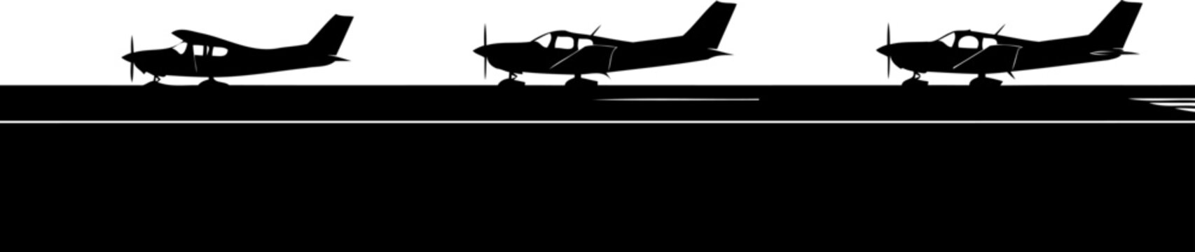 Small propeller airplanes parked on an airport runway silhouette