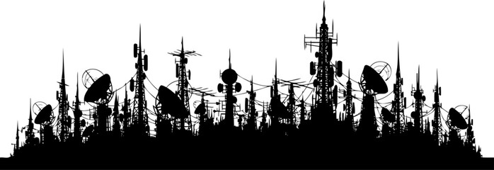 Obraz premium Telecommunication tower skyline silhouette with satellite dishes and antennas