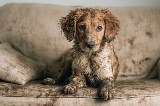 Pet dog creating mud mess on a clean couch