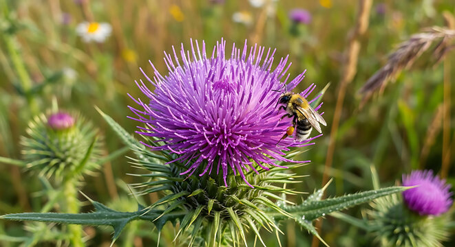 thistle flower with bee on transparent background high quality professional detailed modern