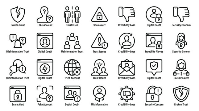 Set of trust issues and scam alert outline icons. contains icons such as broken trust, fake account.