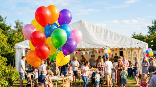 Colorful balloons float at a lively outdoor summer party with a large tent
