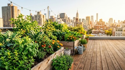Fototapeta premium Urban rooftop garden with lush vegetables and city skyline at sunset