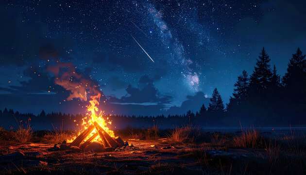 Small bonfire glowing in the night dark sky outdoor scene tranquil environment atmospheric mood