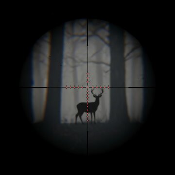 Deer silhouetted in foggy forest, viewed through hunting scope crosshairs