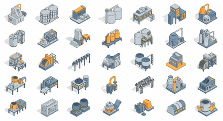 Isometric industrial factory buildings and machinery icons set, representing manufacturing and production processes. © Buka