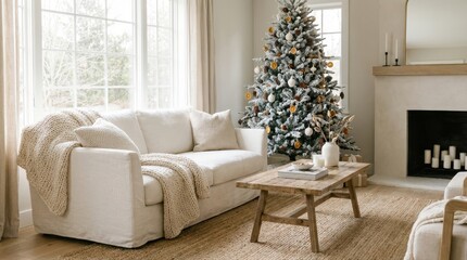 Naklejka premium Cozy living room decorated for Christmas with a flocked tree and warm neutral tones