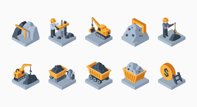 Isometric icons representing the coal mining industry, including excavators, trucks, and workers.