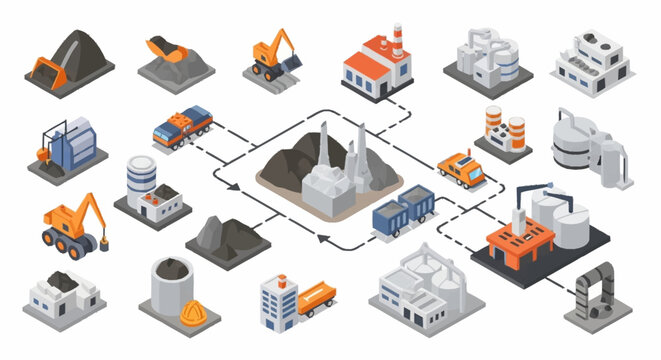 Industrial process flow diagram showing raw material extraction, processing, and manufacturing.