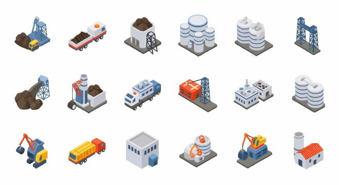 Collection of isometric industrial buildings and machinery icons representing various sectors of industry.