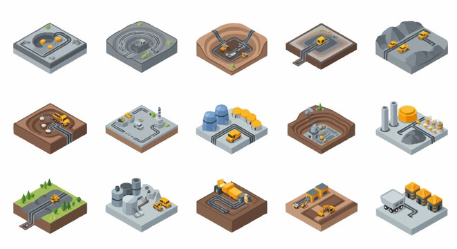 Isometric illustrations of various mining operations and industrial facilities, showcasing extraction and processing.