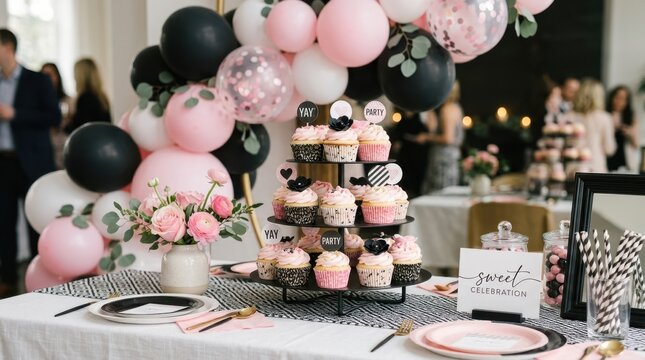 Elegant pink and black balloon arch with cupcakes and floral arrangement