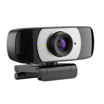 Black logitech webcam with integrated microphone for video conferencing and streaming