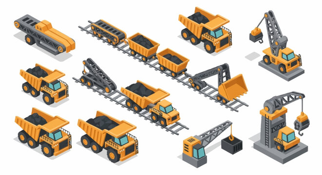 Isometric illustration of mining equipment and vehicles, including dump trucks, trains, cranes, and excavators, used for coal extraction and transportation.