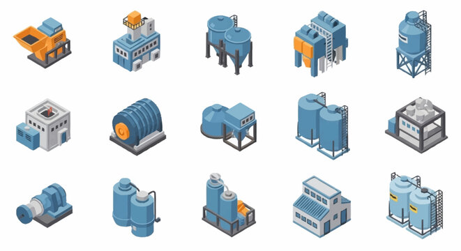 Collection of isometric industrial factory buildings and structures, representing various manufacturing and production facilities.