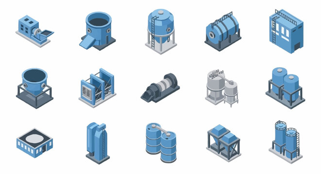 Collection of isometric industrial factory equipment and machinery icons in blue tones.
