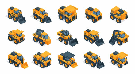 Collection of isometric construction vehicles and heavy machinery in yellow and grey colors. © Buka