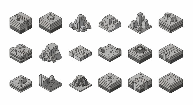 Collection of isometric pixel art terrain tiles for game development and design.