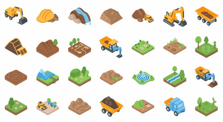 Isometric construction and excavation elements, including excavators, dump trucks, and various terrain types. © Buka