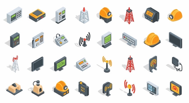 Collection of isometric icons representing various electronic devices, communication towers, and safety equipment.