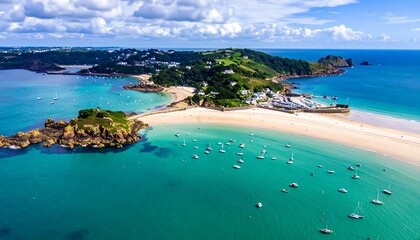 Obraz premium Scenic coastal town with turquoise water and white sand
