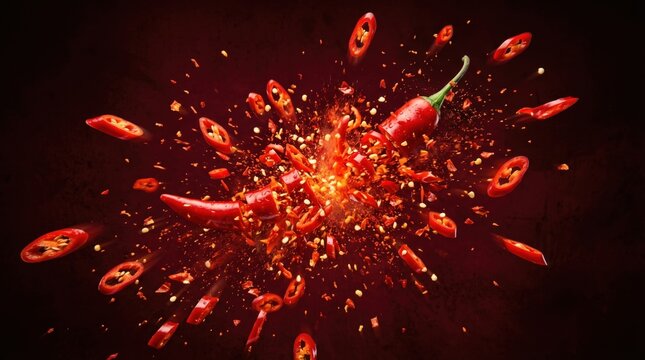Exploding Red Hot Chili Pepper with Sparks and Slices on Dark Background, Dynamic Spicy Food Concept Illustration