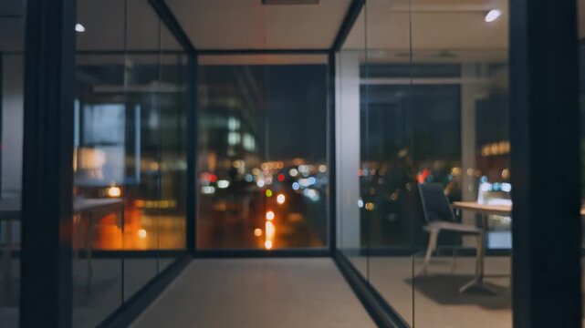 Empty office hallway at night with glass partitions and out of focus city lights. Symmetrical modern corridor featuring dark interiors and glowing bokeh background.