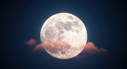 Fototapeta premium The moon is a large rocky natural satellite in the dark blue night sky with pink clouds