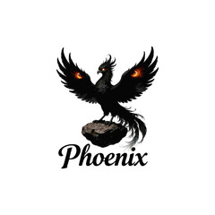 Obraz premium 2Majestic Black Phoenix with Red Eyes Perched on Rock, Mythical Firebird Illustration with Spread Wings, Fantasy Bird Logo Design for Gaming and E-sports Mascot Isolated on White Background1.eps