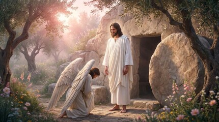 Fototapeta premium Jesus Christ standing outside the tomb with a kneeling angel. Biblical scene of the resurrection. Religious art demonstrating faith, divinity, hope, and salvation for Easter celebration.