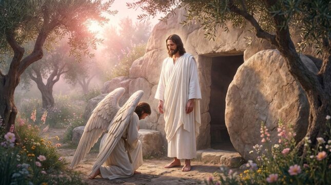 Jesus Christ standing outside the tomb with a kneeling angel. Biblical scene of the resurrection. Religious art demonstrating faith, divinity, hope, and salvation for Easter celebration.