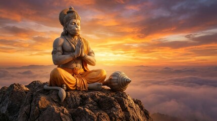Fototapeta premium Lord Hanuman sitting in meditation on a mountain top during sunset. Deity in prayer pose with mace on rocky peak above clouds. Spiritual Hindu mythology and religious worship concept.