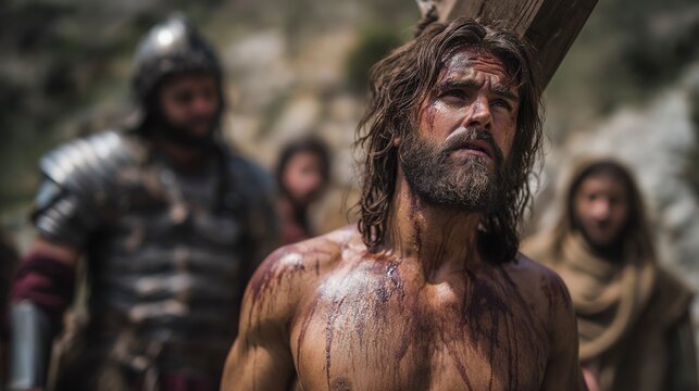 Jesus hangs on the cross in solemn dignity as sorrow and sacrifice meet beneath darkening skies, revealing love and redemption in suffering.
