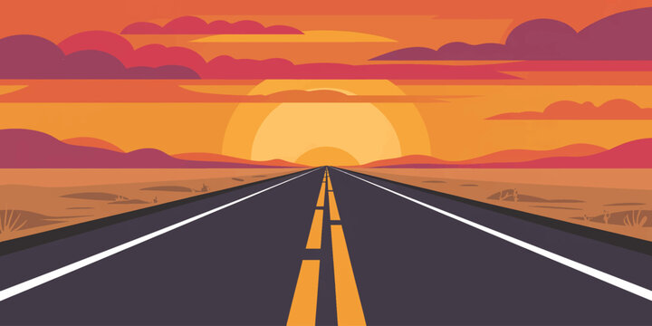 Desert highway road leading to sunset horizon with empty sky and open travel route