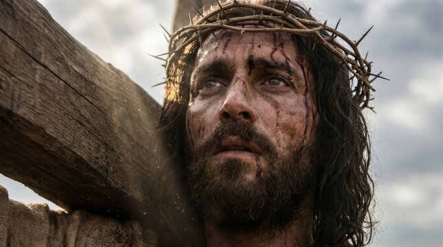Jesus Christ wearing crown of thorn carrying wooden cross. Religious portrait of man suffering during crucifixion. Biblical scene representing sacrifice for Easter and christianity.