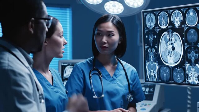 Medical Professionals Analyze Brain Scans And Discussing Diagnosis In The Hospital